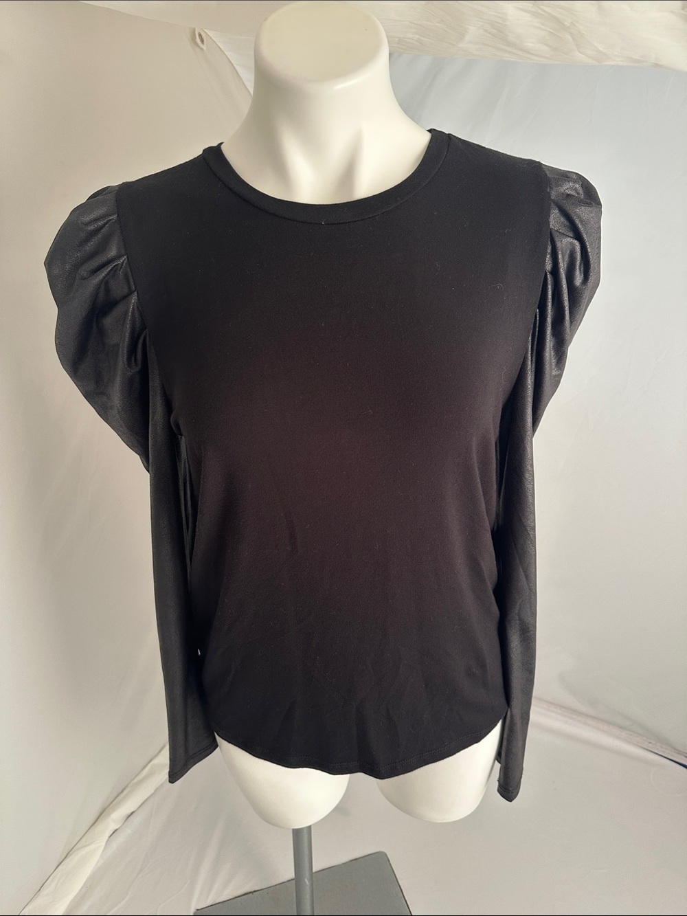 Ariella black mixed media puff metallic sheen sleeve top